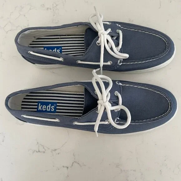 Keds Charter Nautical Casual Slip On Canvas Deck Shoes Blue + White Sz 7.5 - Picture 3 of 11